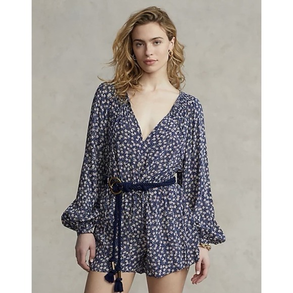 Polo Ralph Lauren Pants - Polo Ralph Lauren Floral Long Sleeve Romper Navy Blue Smocked V-Neck Size 4
